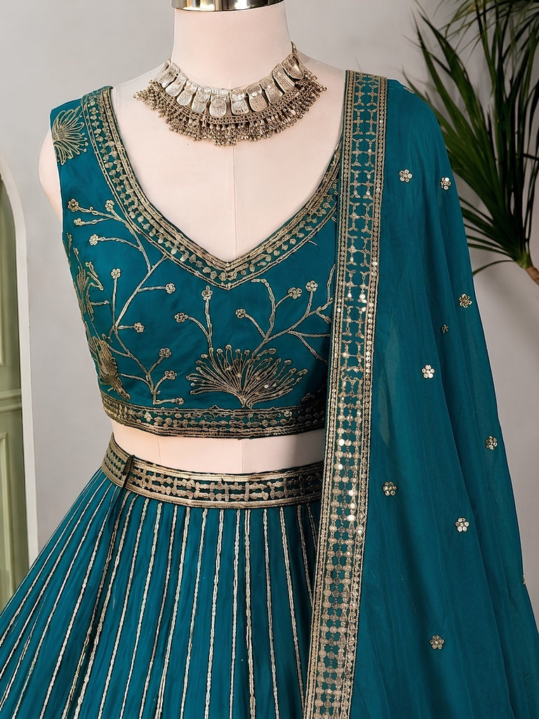 Teal Georgette Embroidered Lehenga ClothsVilla
