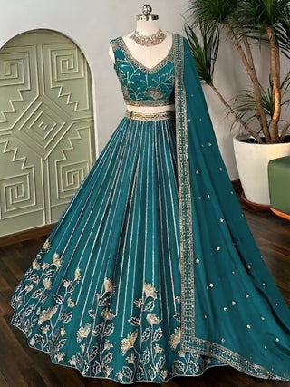 Teal Georgette Embroidered Lehenga ClothsVilla