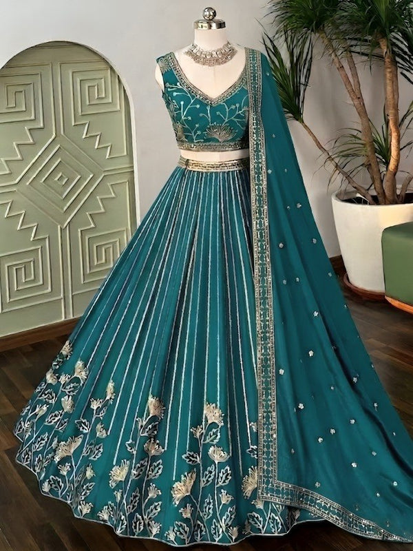 Teal Georgette Embroidered Lehenga ClothsVilla