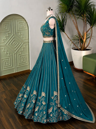 Teal Georgette Embroidered Lehenga ClothsVilla