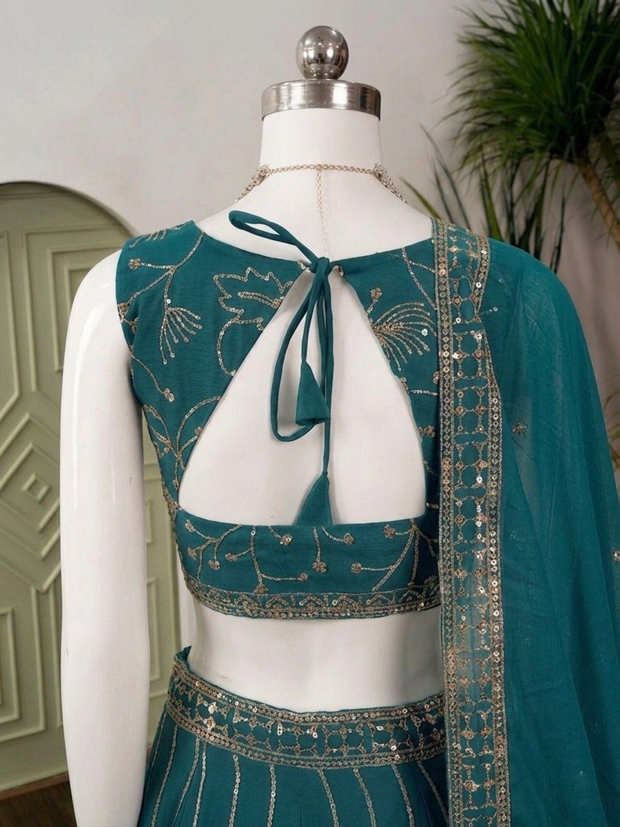 Teal Georgette Embroidered Lehenga ClothsVilla