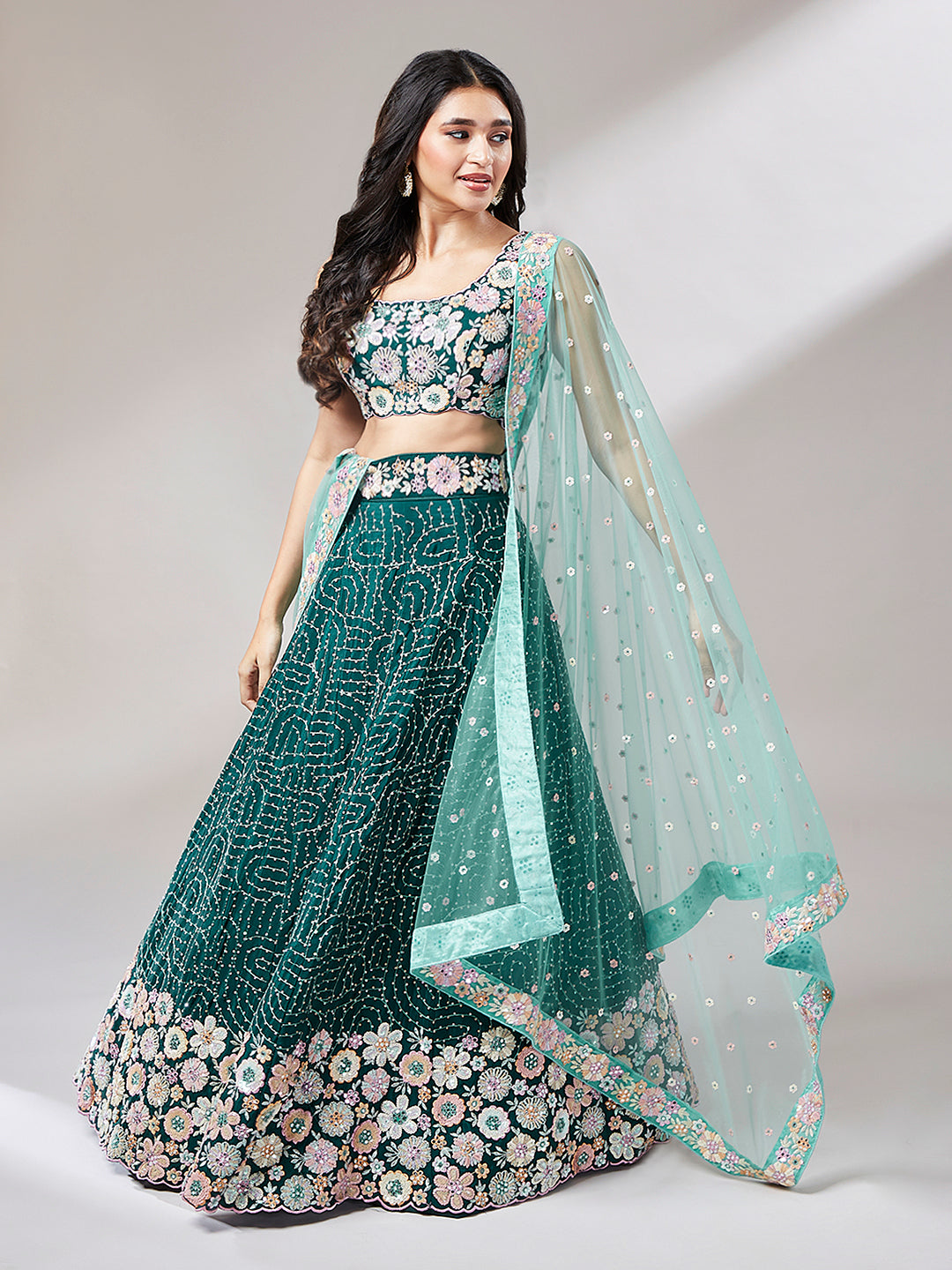 Teal Georgette heavy Sequinse embroidery Semi-Stitched Lehenga choli & Dupatta ClothsVilla