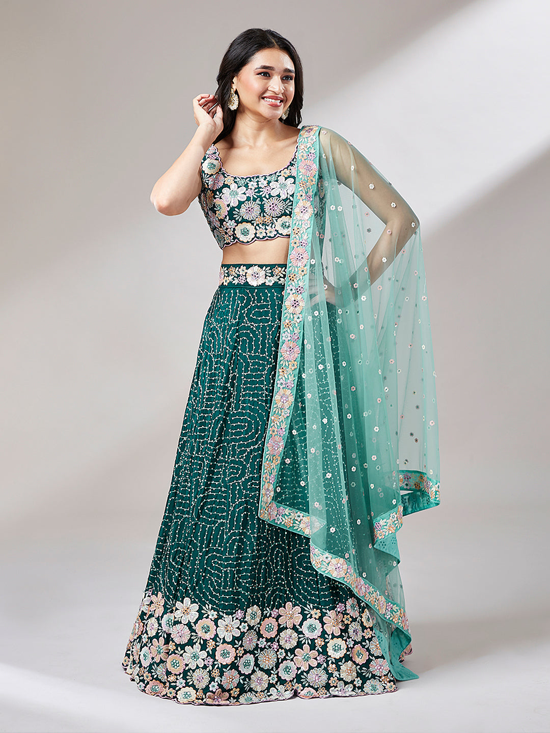 Teal Georgette heavy Sequinse embroidery Semi-Stitched Lehenga choli & Dupatta ClothsVilla