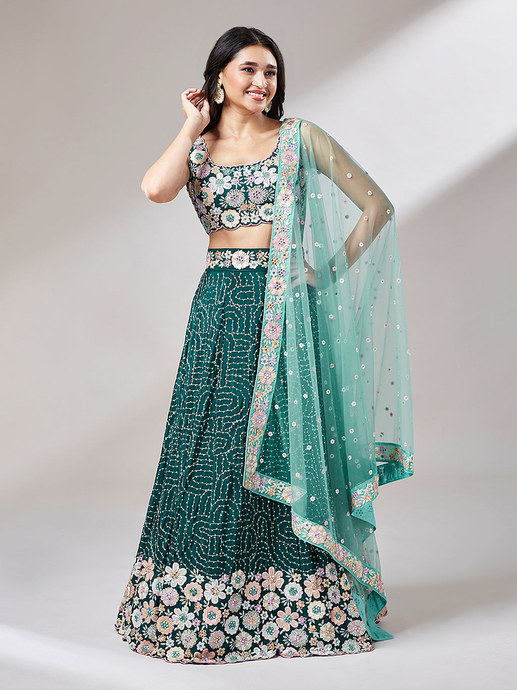 Teal Georgette heavy Sequinse embroidery Semi-Stitched Lehenga choli & Dupatta ClothsVilla