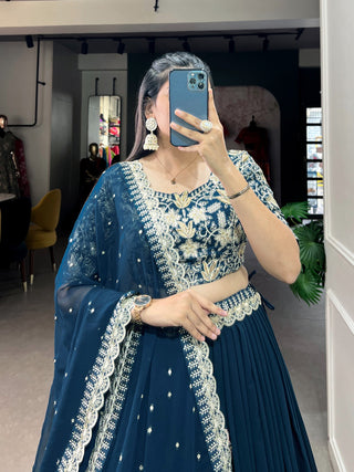Teal Georgette Lehenga Choli with Embroidered Banglory Blouse, Sequins & Threadwork ClothsVilla