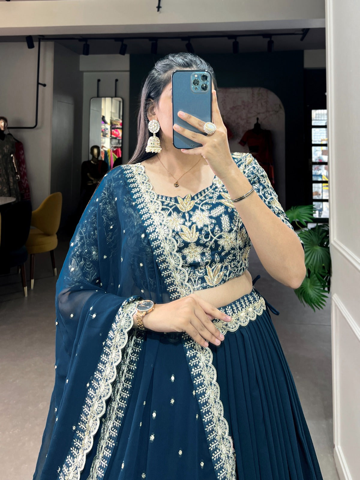 Teal Georgette Lehenga Choli with Embroidered Banglory Blouse, Sequins & Threadwork ClothsVilla