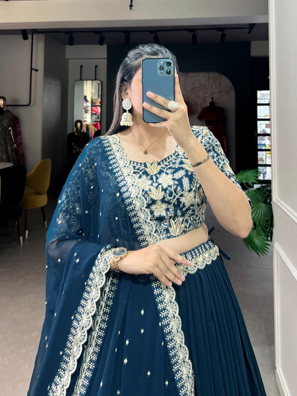 Teal Georgette Lehenga Choli with Embroidered Banglory Blouse, Sequins & Threadwork ClothsVilla