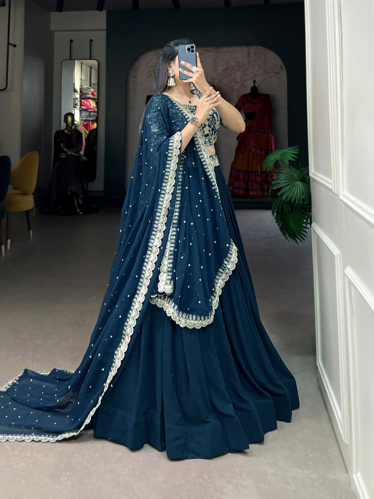 Teal Georgette Lehenga Choli with Embroidered Banglory Blouse, Sequins & Threadwork ClothsVilla