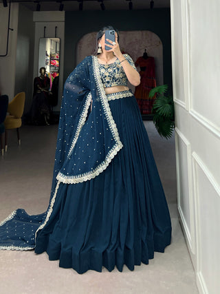 Teal Georgette Lehenga Choli with Embroidered Banglory Blouse, Sequins & Threadwork ClothsVilla