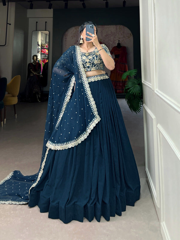 Teal Georgette Lehenga Choli with Embroidered Banglory Blouse, Sequins & Threadwork ClothsVilla