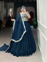 Load image into Gallery viewer, Teal Georgette Lehenga Choli with Embroidered Banglory Blouse, Sequins &amp; Threadwork ClothsVilla