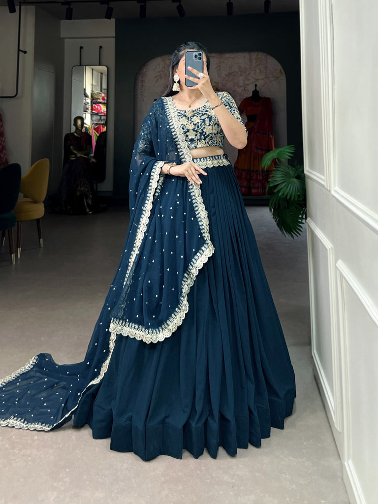 Teal Georgette Lehenga Choli with Embroidered Banglory Blouse, Sequins & Threadwork ClothsVilla