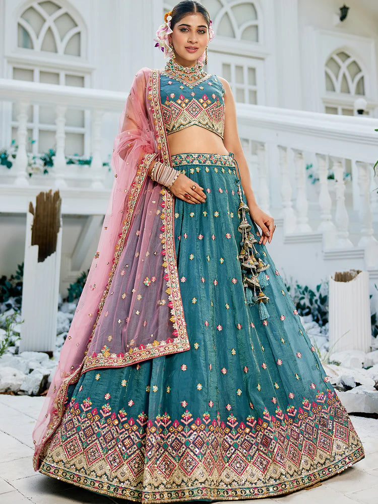 Teal Gorgeous Pure Georgette Tissue Lehenga Choli Set with Heavy Sequin & Thread Embroidery Work ClothsVilla