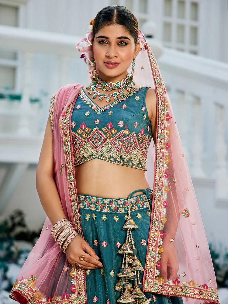 Teal Gorgeous Pure Georgette Tissue Lehenga Choli Set with Heavy Sequin & Thread Embroidery Work ClothsVilla
