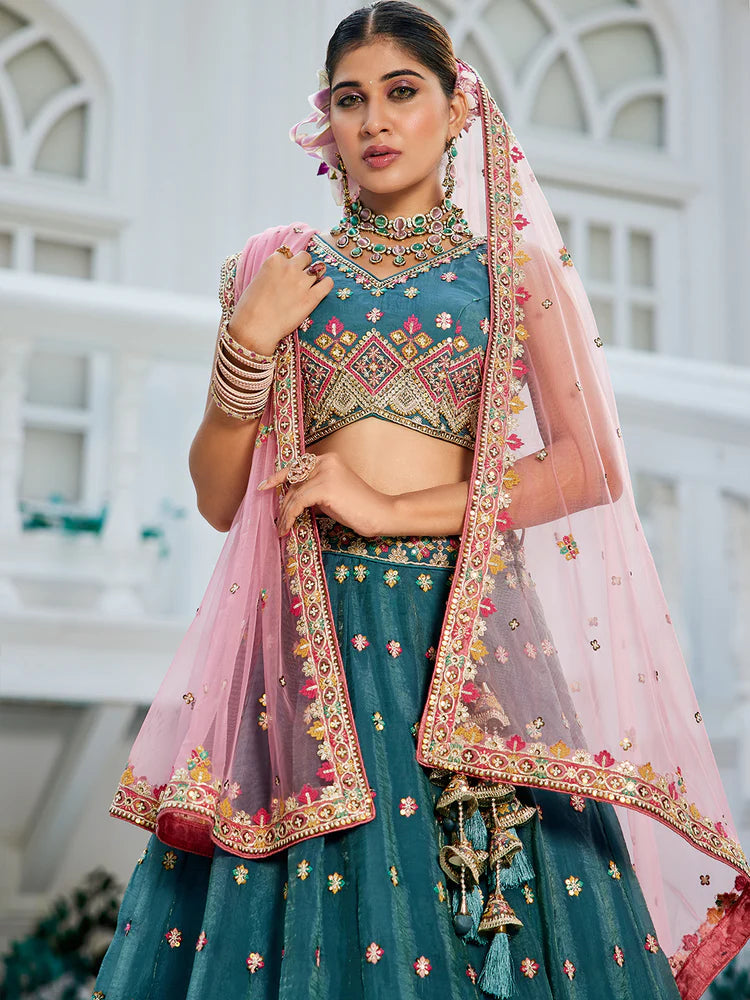 Teal Gorgeous Pure Georgette Tissue Lehenga Choli Set with Heavy Sequin & Thread Embroidery Work ClothsVilla
