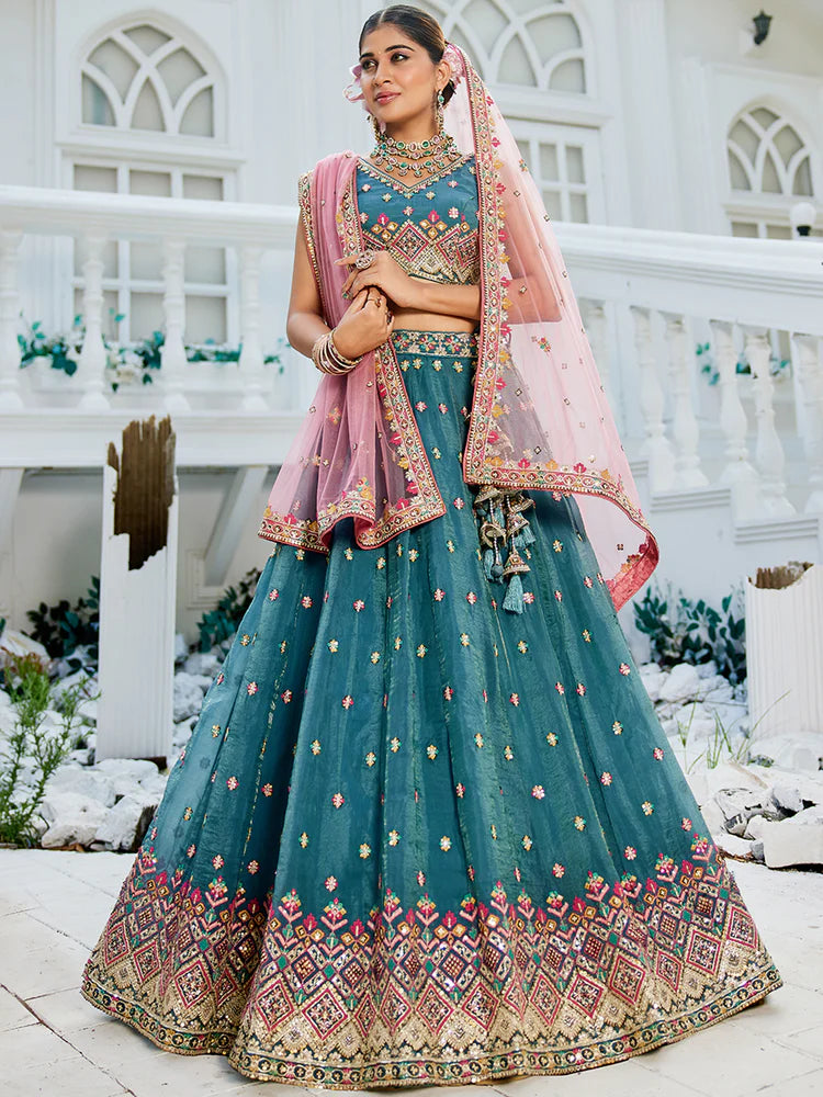 Teal Gorgeous Pure Georgette Tissue Lehenga Choli Set with Heavy Sequin & Thread Embroidery Work ClothsVilla