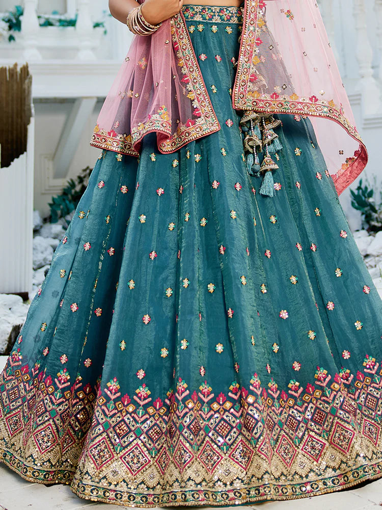Teal Gorgeous Pure Georgette Tissue Lehenga Choli Set with Heavy Sequin & Thread Embroidery Work ClothsVilla