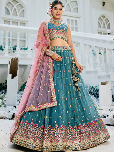 Teal Gorgeous Pure Georgette Tissue Lehenga Choli Set with Heavy Sequin & Thread Embroidery Work ClothsVilla