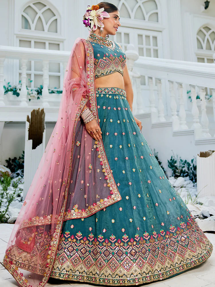 Teal Gorgeous Pure Georgette Tissue Lehenga Choli Set with Heavy Sequin & Thread Embroidery Work ClothsVilla