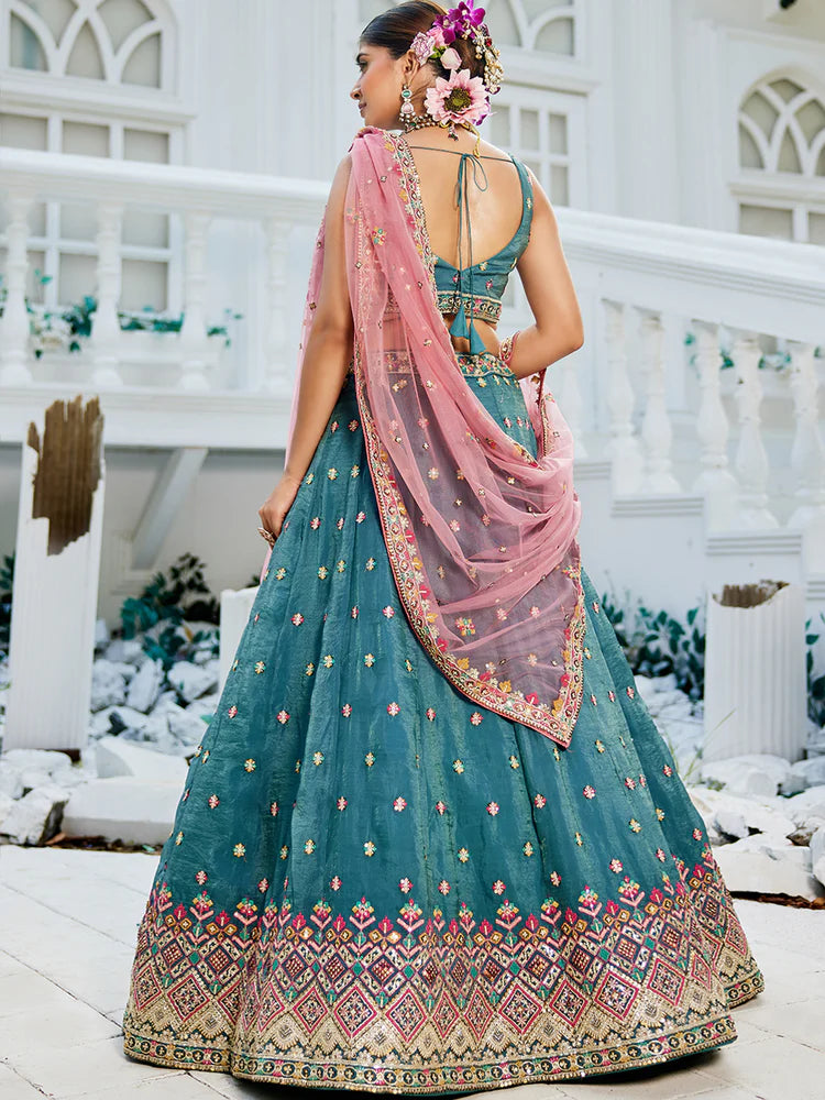 Teal Gorgeous Pure Georgette Tissue Lehenga Choli Set with Heavy Sequin & Thread Embroidery Work ClothsVilla