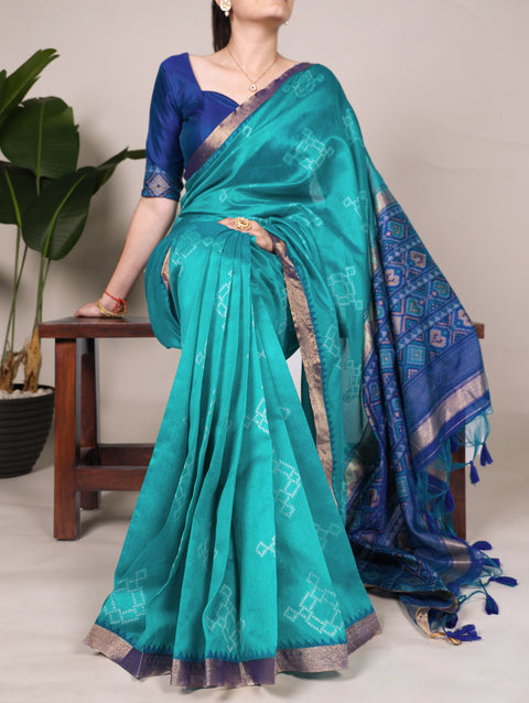 Teal Graceful Jacquard Silk Saree with Printed & Zari Weaving Work ClothsVilla Main image