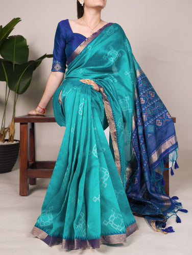 Teal Graceful Jacquard Silk Saree with Printed & Zari Weaving Work ClothsVilla