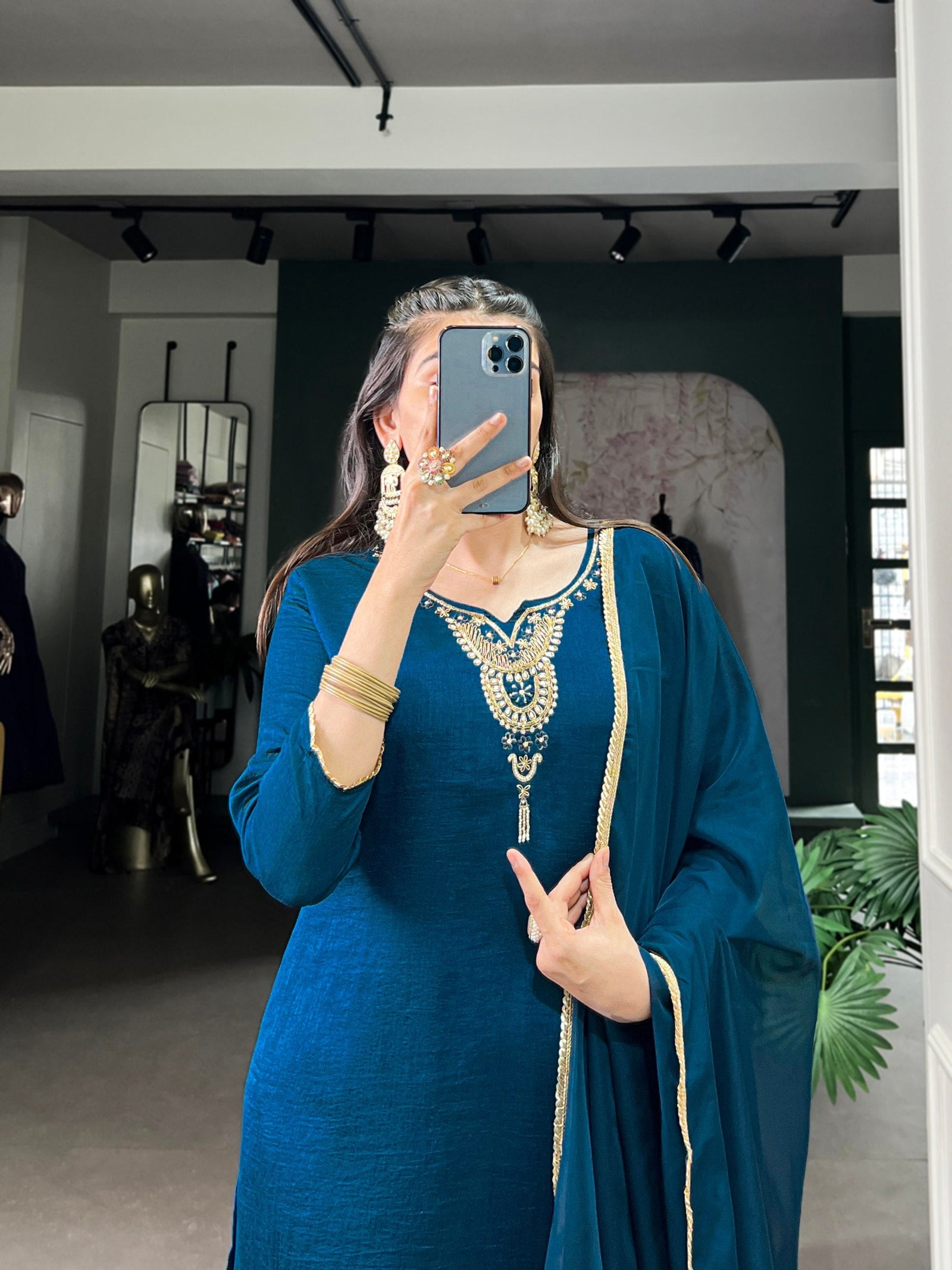 Teal Graceful Vichitra Silk Suit Set with Handwork & Sequins – Lace Border Dupatta, Stitched Top & Bottom Clothsvilla