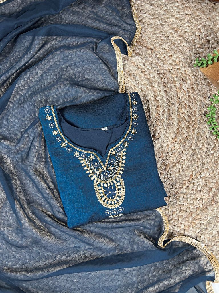 Teal Graceful Vichitra Silk Suit Set with Handwork & Sequins – Lace Border Dupatta, Stitched Top & Bottom Clothsvilla