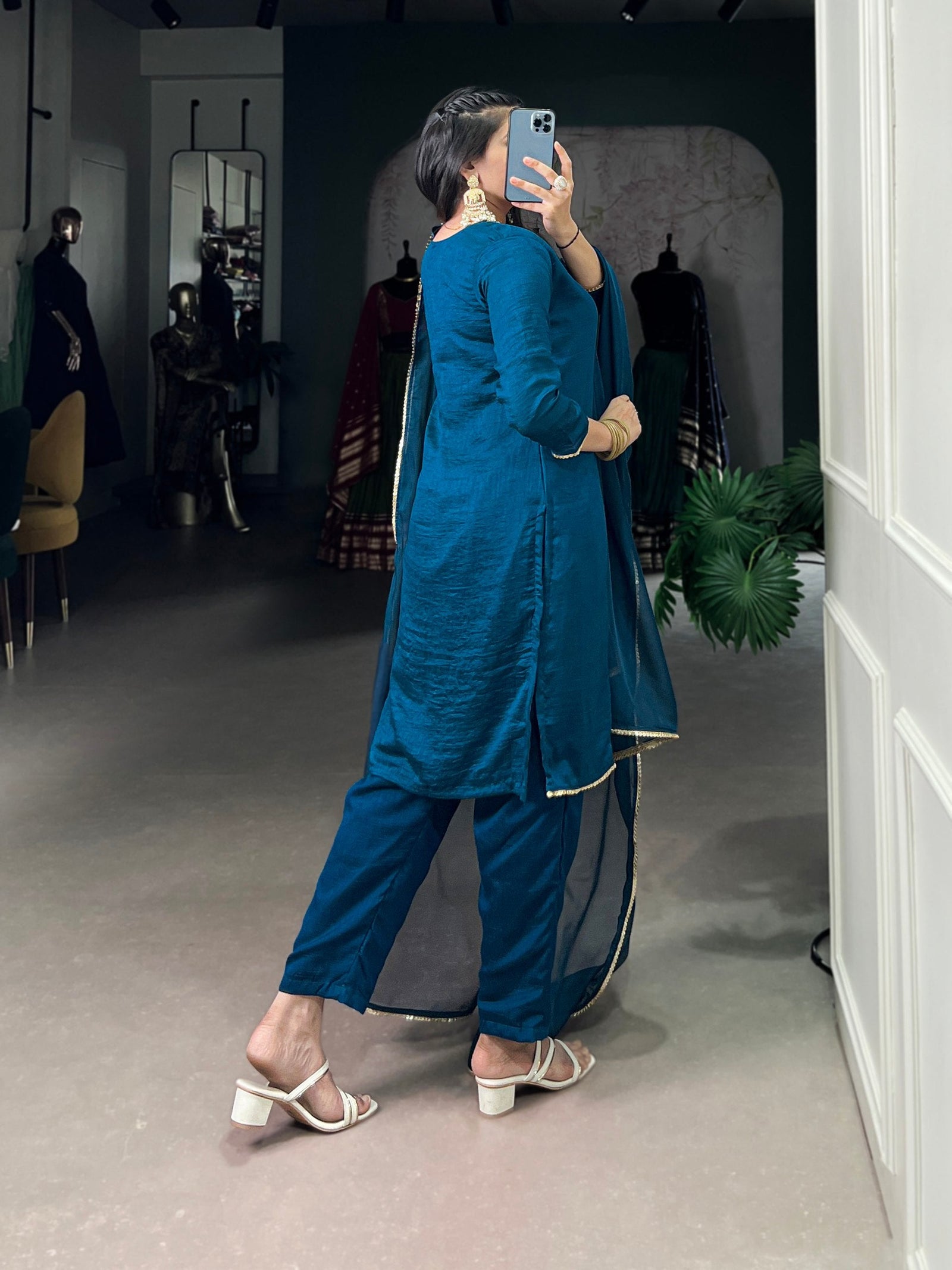Teal Graceful Vichitra Silk Suit Set with Handwork & Sequins – Lace Border Dupatta, Stitched Top & Bottom Clothsvilla