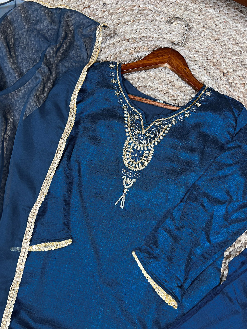 Teal Graceful Vichitra Silk Suit Set with Handwork & Sequins – Lace Border Dupatta, Stitched Top & Bottom Clothsvilla