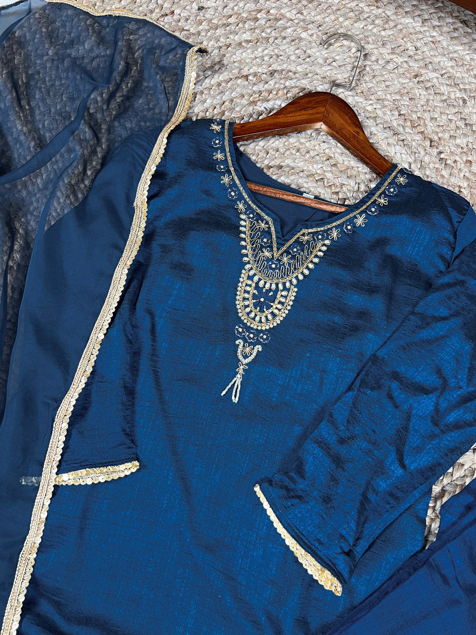 Teal Graceful Vichitra Silk Suit Set with Handwork & Sequins – Lace Border Dupatta, Stitched Top & Bottom Clothsvilla