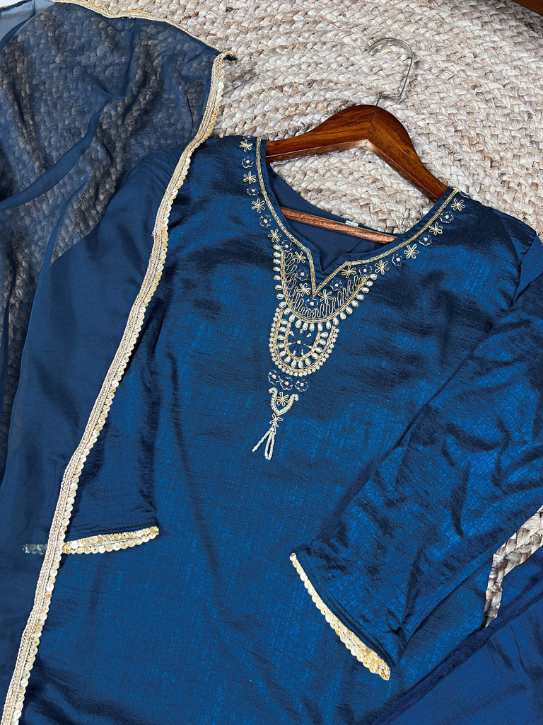 Teal Graceful Vichitra Silk Suit Set with Handwork & Sequins – Lace Border Dupatta, Stitched Top & Bottom Clothsvilla