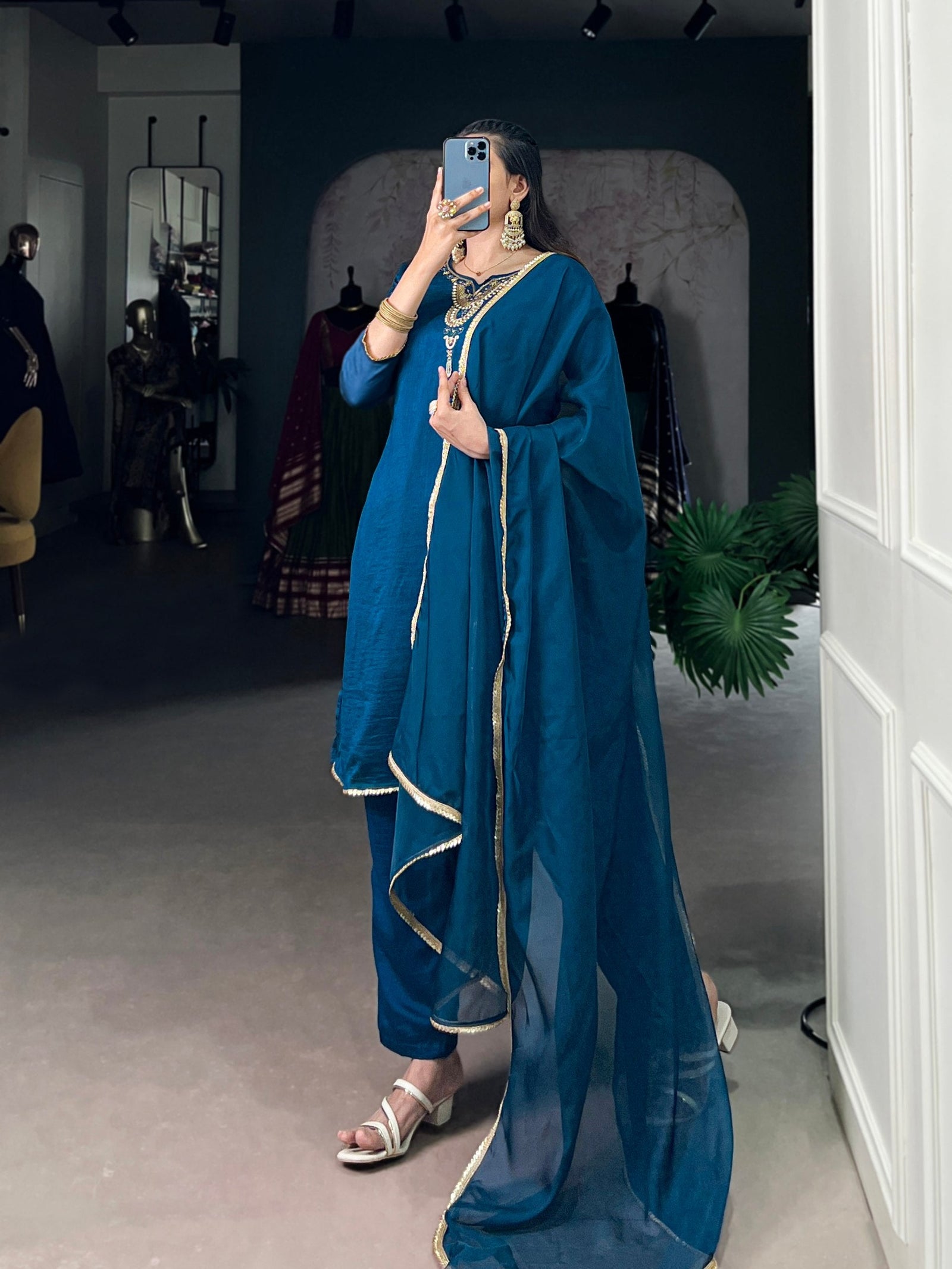 Teal Graceful Vichitra Silk Suit Set with Handwork & Sequins – Lace Border Dupatta, Stitched Top & Bottom Clothsvilla