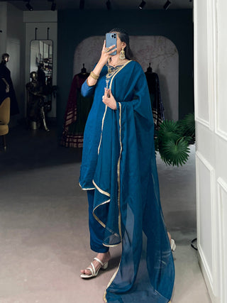 Teal Graceful Vichitra Silk Suit Set with Handwork & Sequins – Lace Border Dupatta, Stitched Top & Bottom Clothsvilla