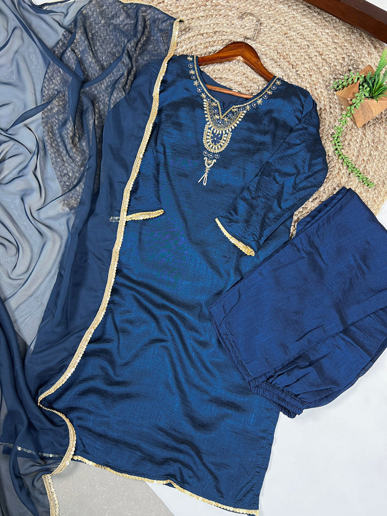 Teal Graceful Vichitra Silk Suit Set with Handwork & Sequins – Lace Border Dupatta, Stitched Top & Bottom Clothsvilla