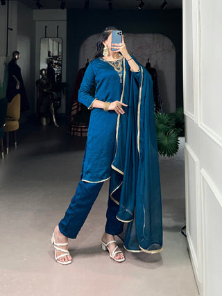 Teal Graceful Vichitra Silk Suit Set with Handwork & Sequins – Lace Border Dupatta, Stitched Top & Bottom Clothsvilla