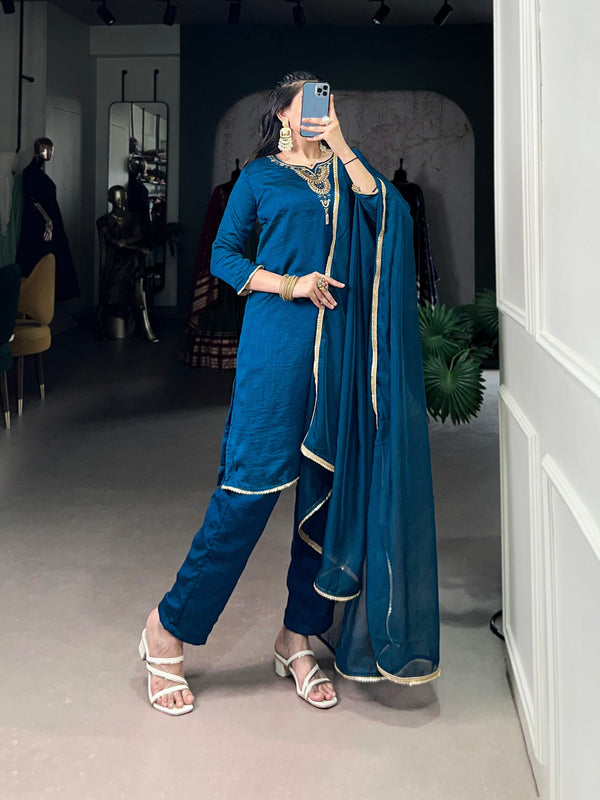 Teal Graceful Vichitra Silk Suit Set with Handwork & Sequins – Lace Border Dupatta, Stitched Top & Bottom Clothsvilla