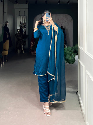 Teal Graceful Vichitra Silk Suit Set with Handwork & Sequins – Lace Border Dupatta, Stitched Top & Bottom Clothsvilla