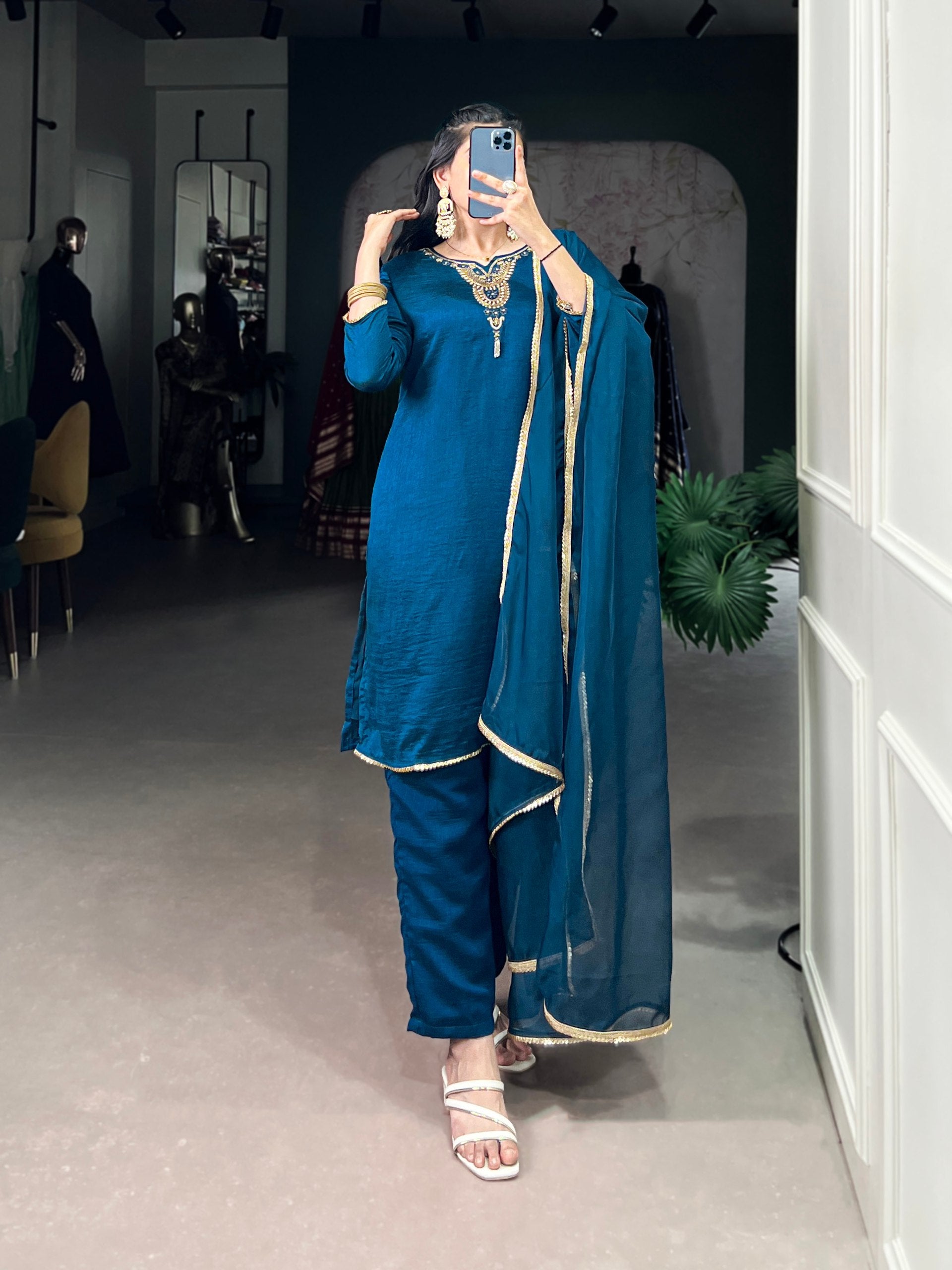 Teal Graceful Vichitra Silk Suit Set with Handwork & Sequins – Lace Border Dupatta, Stitched Top & Bottom Clothsvilla