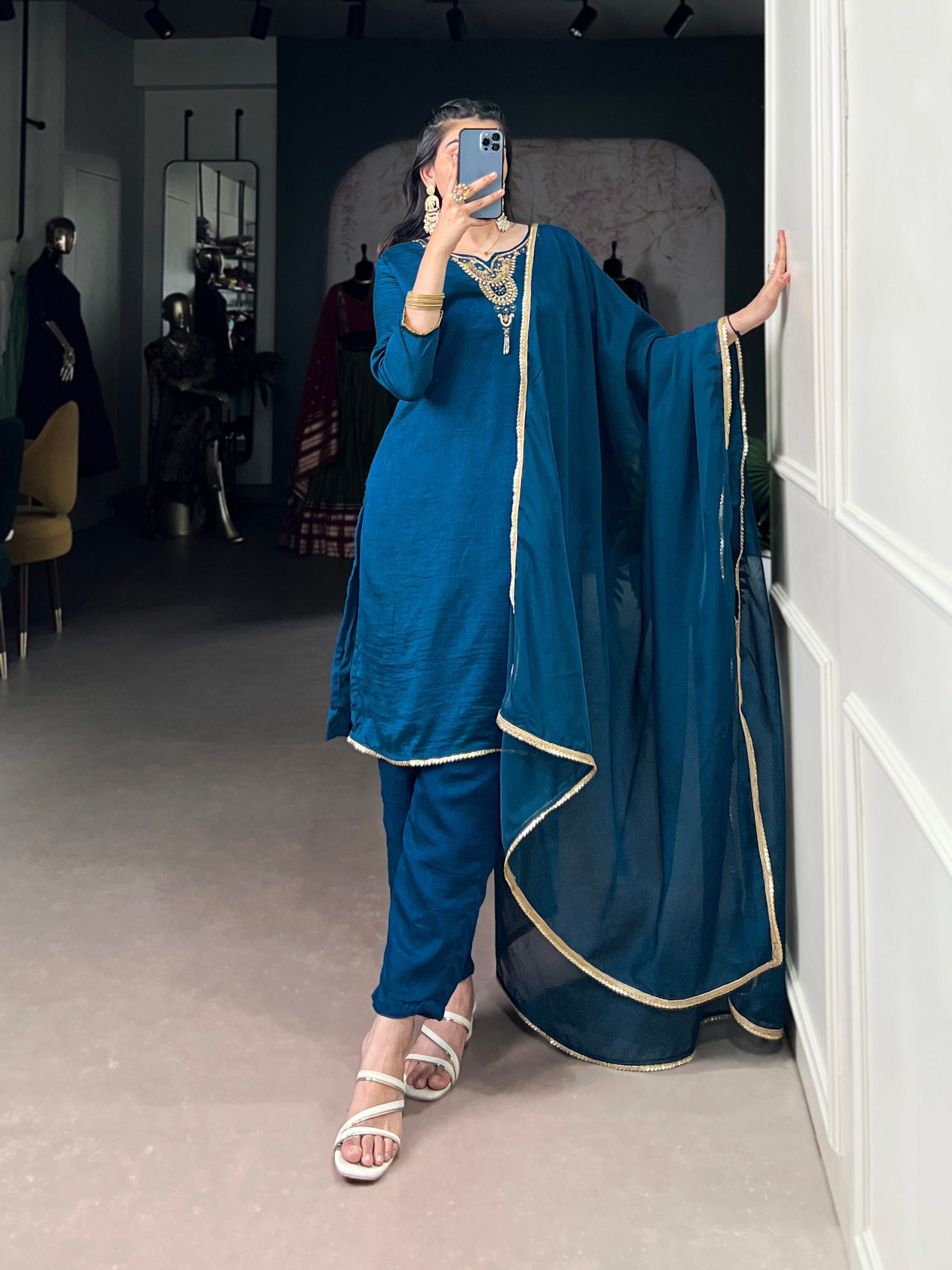 Teal Graceful Vichitra Silk Suit Set with Handwork & Sequins – Lace Border Dupatta, Stitched Top & Bottom Clothsvilla