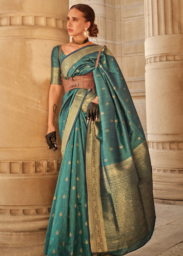 Bottle Green Regal Banarasi Blended Silk Saree with Intricate Timeless Design & Unstitched Blouse ClothsVilla