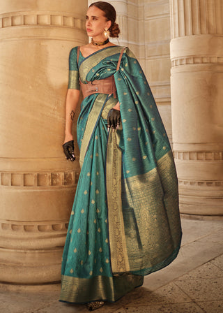 Bottle Green Regal Banarasi Blended Silk Saree with Intricate Timeless Design & Unstitched Blouse ClothsVilla