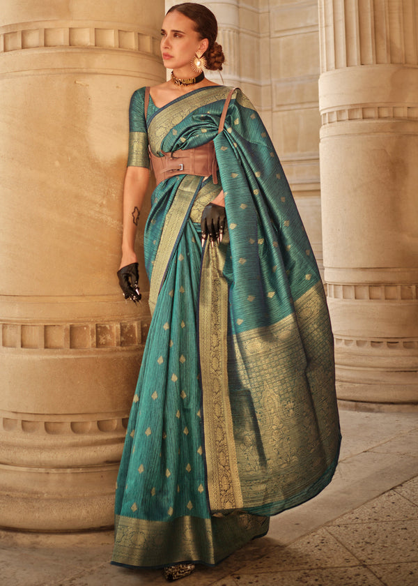 Bottle Green Regal Banarasi Blended Silk Saree with Intricate Timeless Design & Unstitched Blouse ClothsVilla