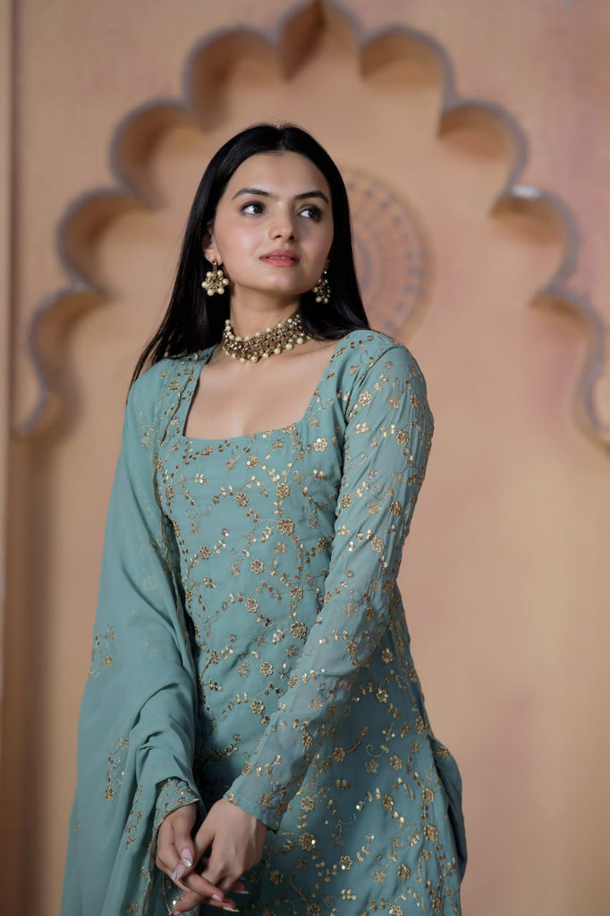 Teal Grey Premium Designer Readymade Top-Sharara-Dupatta Collection ClothsVilla