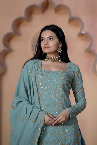 Teal Grey Premium Designer Readymade Top-Sharara-Dupatta Collection ClothsVilla