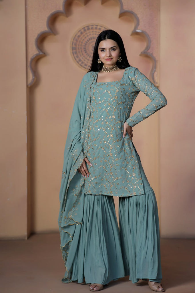 Teal Grey Premium Designer Readymade Top-Sharara-Dupatta Collection ClothsVilla