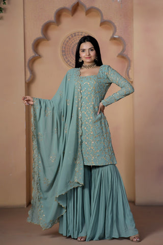 Teal Grey Premium Designer Readymade Top-Sharara-Dupatta Collection ClothsVilla