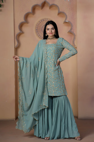 Teal Grey Premium Designer Readymade Top-Sharara-Dupatta Collection ClothsVilla