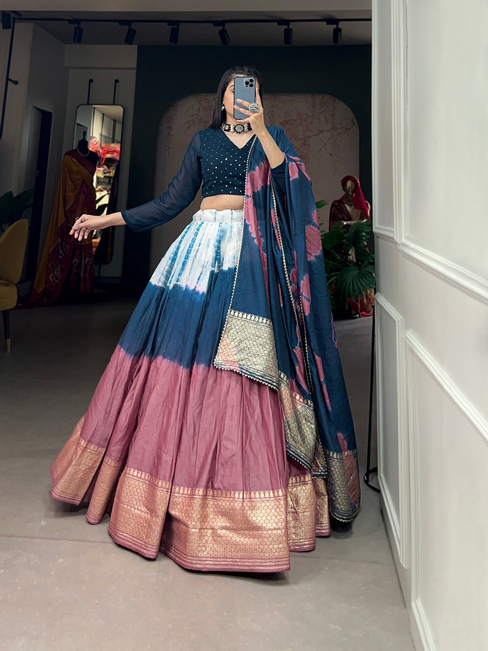 Teal Handcrafted Shibori Print Lehenga Choli with Zari Border Secondary image