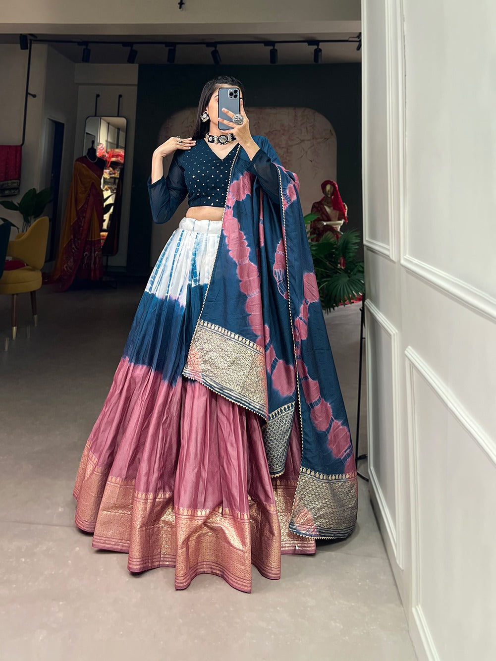 Teal Handcrafted Shibori Print Lehenga Choli with Zari Border ClothsVilla
